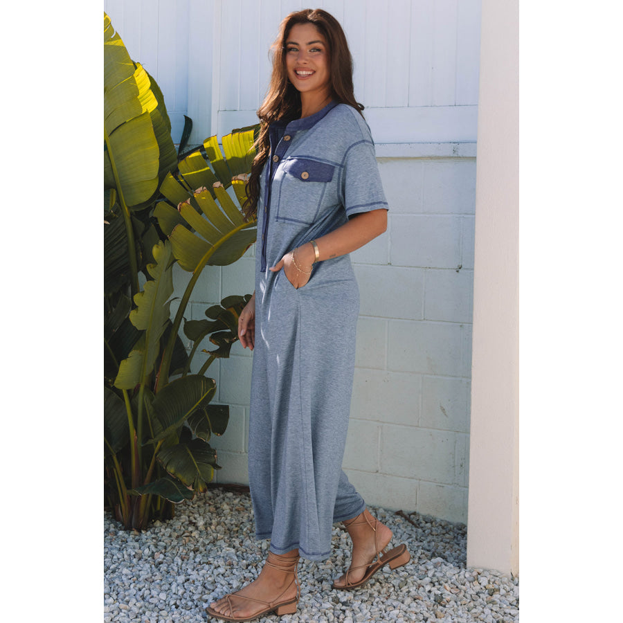 Beige Half Placket Chest Pockets Short Sleeve Wide Leg Jumpsuit Bottoms/Jumpsuits & Rompers