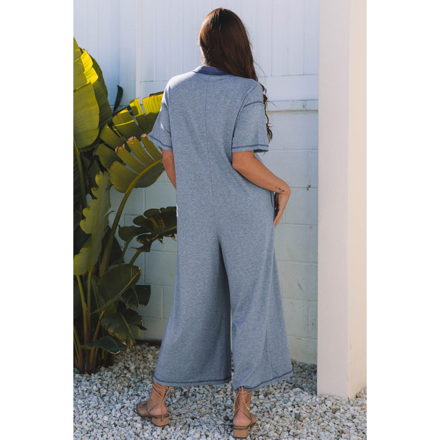 Beige Half Placket Chest Pockets Short Sleeve Wide Leg Jumpsuit Bottoms/Jumpsuits & Rompers