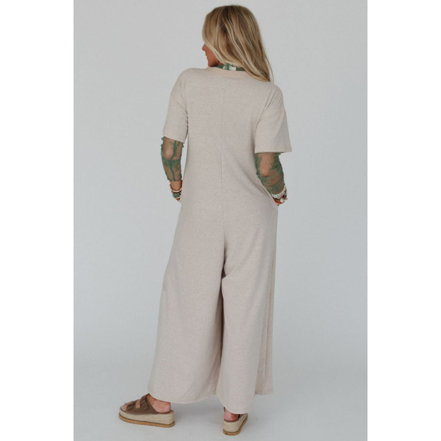 Beige Half Placket Chest Pockets Short Sleeve Wide Leg Jumpsuit Bottoms/Jumpsuits & Rompers