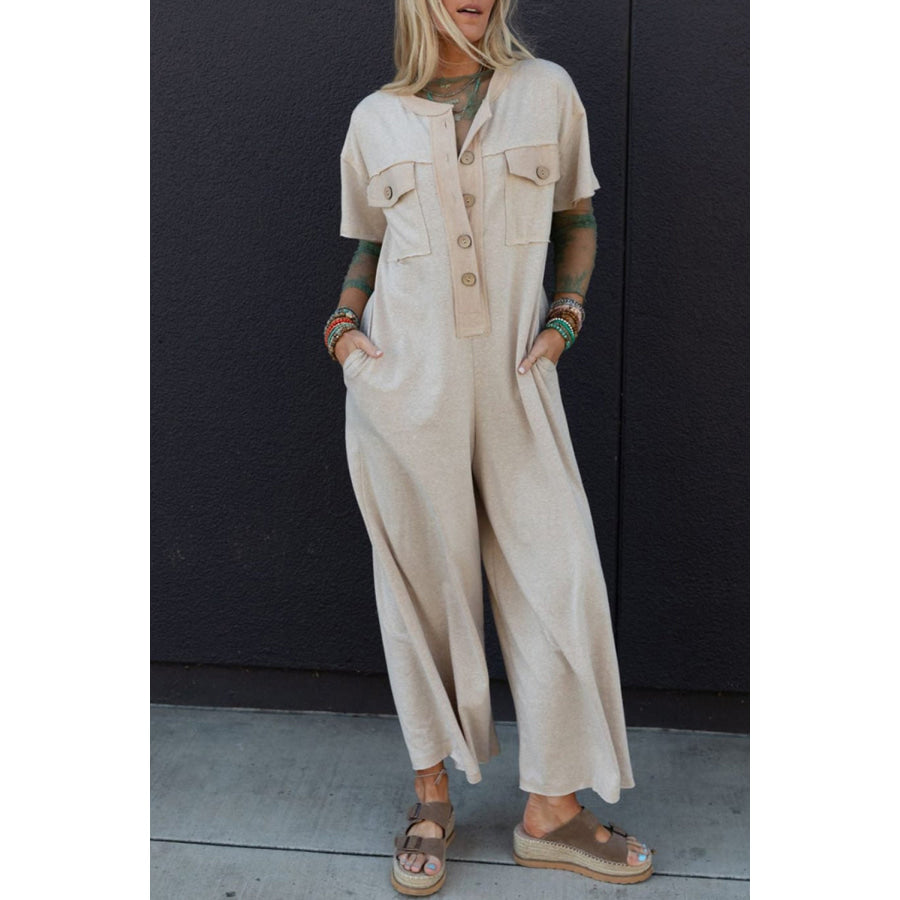 Beige Half Placket Chest Pockets Short Sleeve Wide Leg Jumpsuit Jet Stream / S / 65% Cotton + 33% Polyester + 2% Elastane Bottoms/Jumpsuits