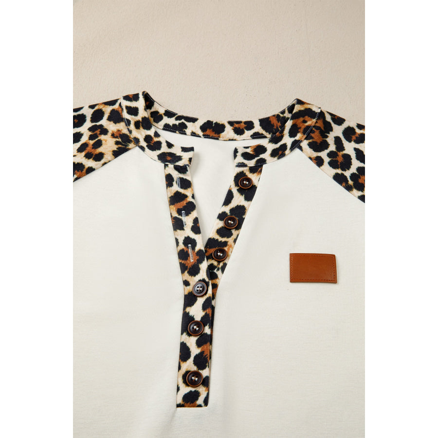 Beige Leopard Patchwork Half Button Short Sleeve Top Tops/Tops & Tees