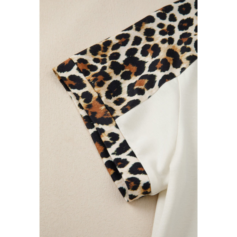 Beige Leopard Patchwork Half Button Short Sleeve Top Tops/Tops & Tees