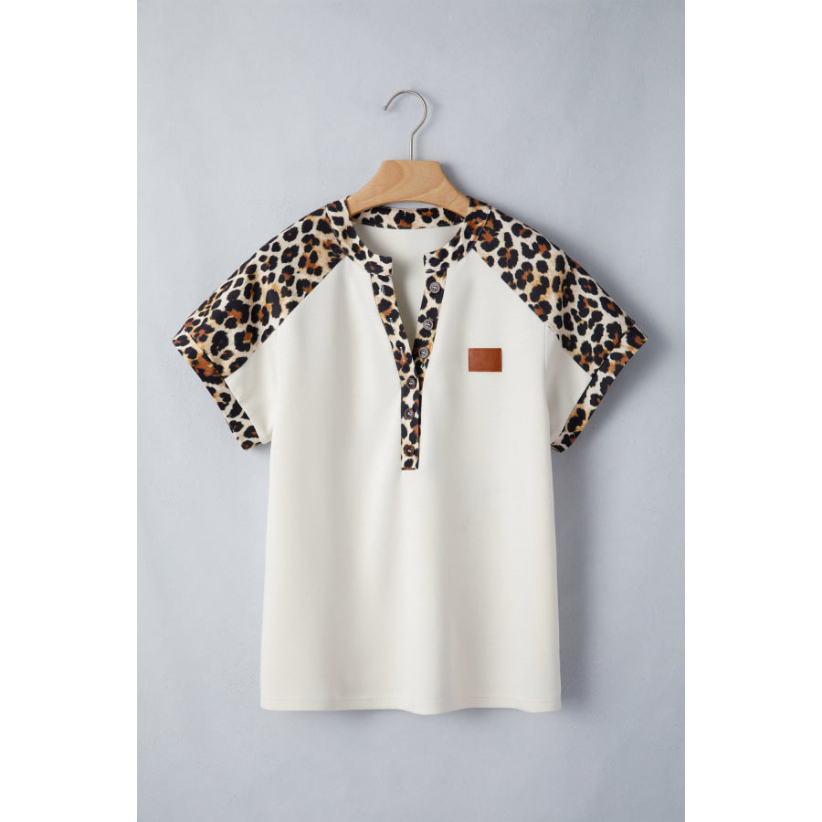 Beige Leopard Patchwork Half Button Short Sleeve Top Tops/Tops & Tees
