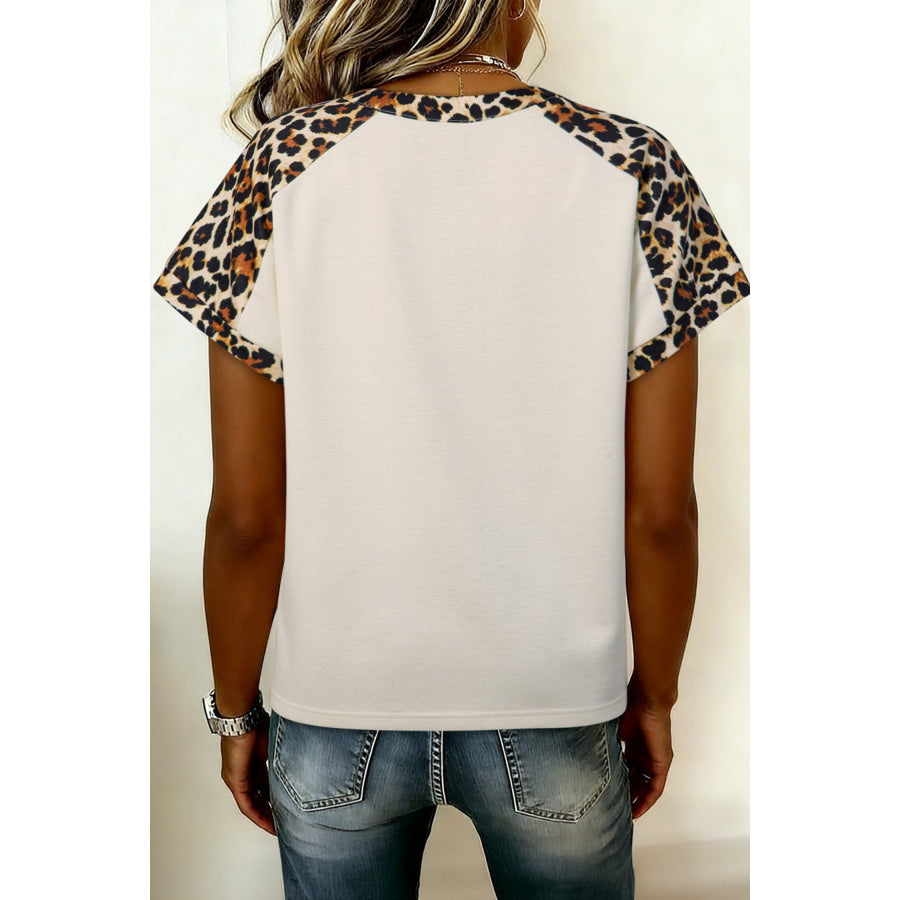 Beige Leopard Patchwork Half Button Short Sleeve Top Tops/Tops & Tees