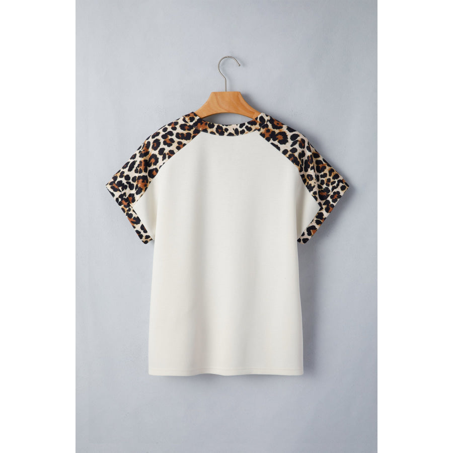 Beige Leopard Patchwork Half Button Short Sleeve Top Tops/Tops & Tees