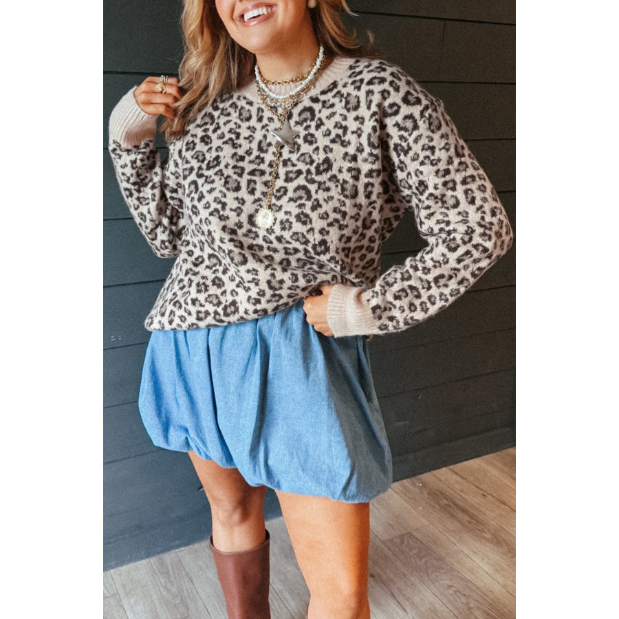 Beige Leopard Print Ribbed Color Block Trim Pullover Sweater Sweaters & Cardigans/Sweaters