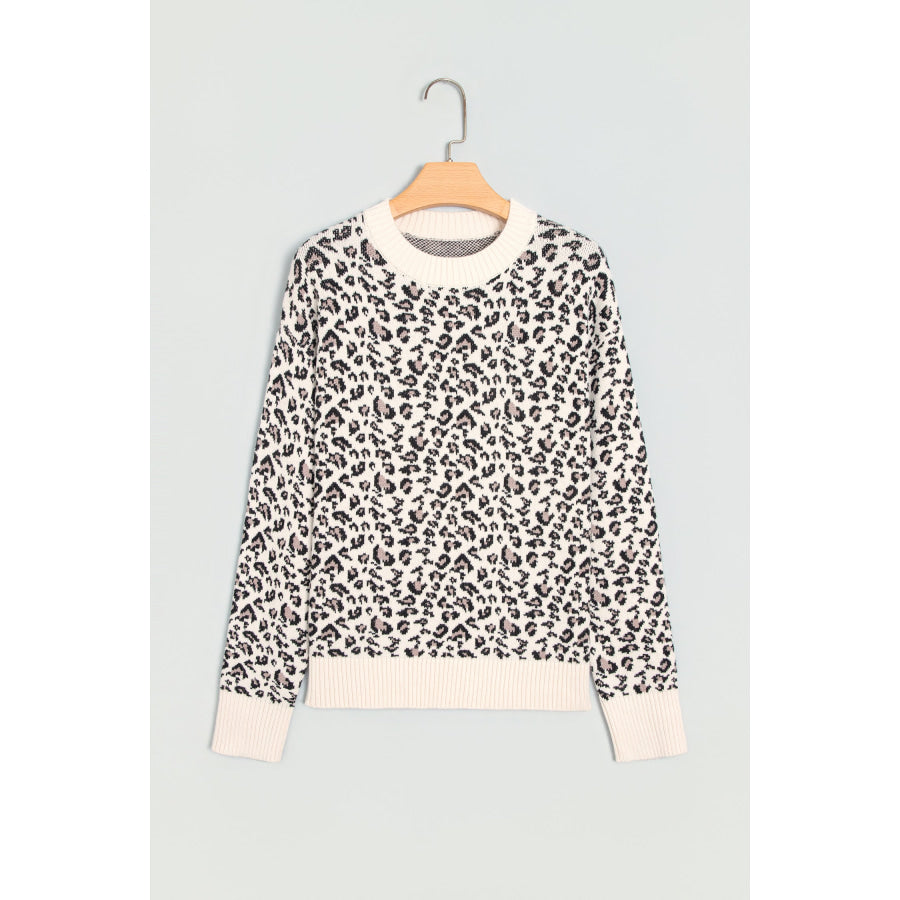 Beige Leopard Print Ribbed Color Block Trim Pullover Sweater Sweaters & Cardigans/Sweaters