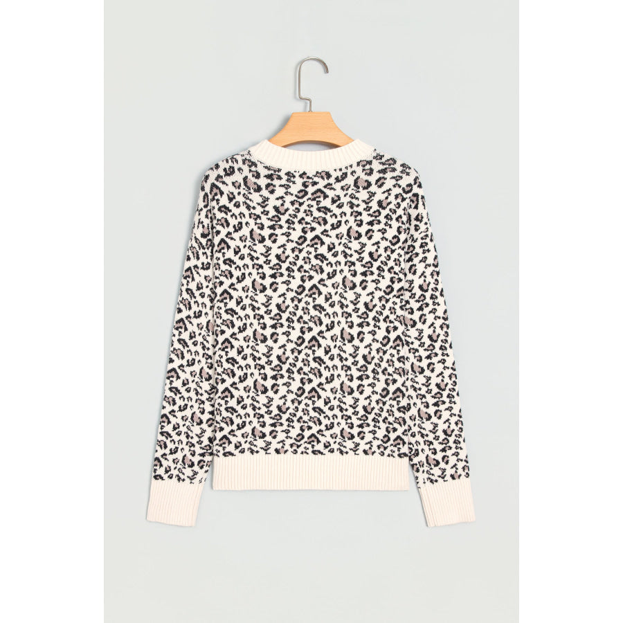 Beige Leopard Print Ribbed Color Block Trim Pullover Sweater Sweaters & Cardigans/Sweaters