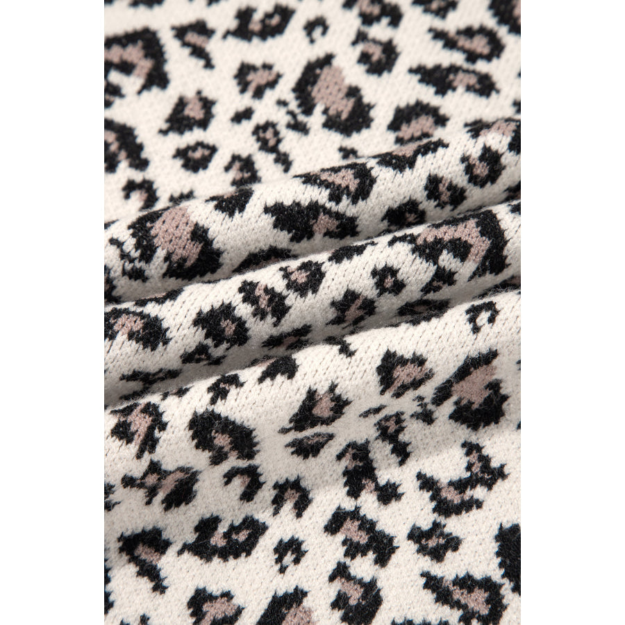Beige Leopard Print Ribbed Color Block Trim Pullover Sweater Sweaters & Cardigans/Sweaters