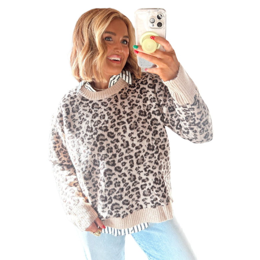 Beige Leopard Print Ribbed Color Block Trim Pullover Sweater Sweaters & Cardigans/Sweaters