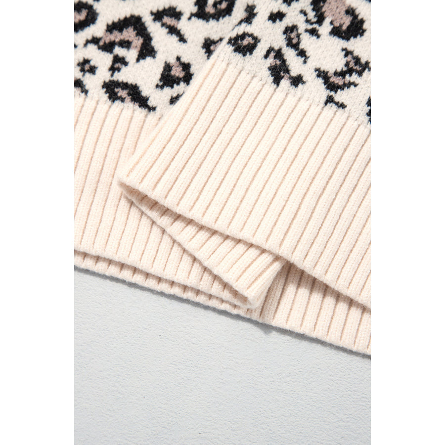 Beige Leopard Print Ribbed Color Block Trim Pullover Sweater Sweaters & Cardigans/Sweaters