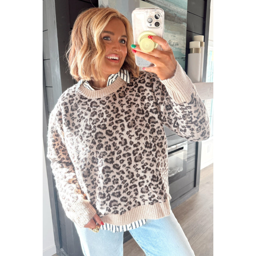 Beige Leopard Print Ribbed Color Block Trim Pullover Sweater Sweaters & Cardigans/Sweaters