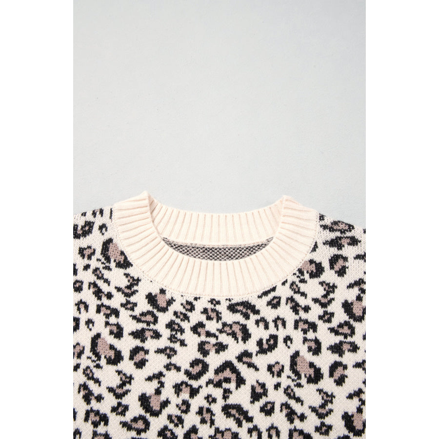 Beige Leopard Print Ribbed Color Block Trim Pullover Sweater Sweaters & Cardigans/Sweaters