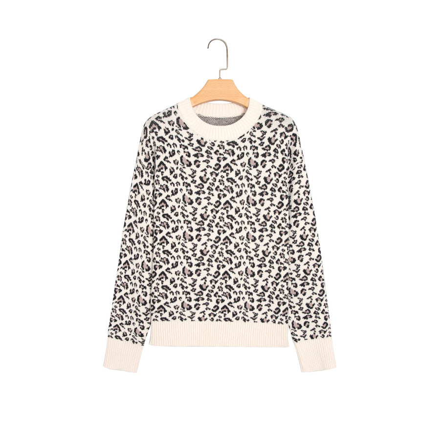 Beige Leopard Print Ribbed Color Block Trim Pullover Sweater Sweaters & Cardigans/Sweaters