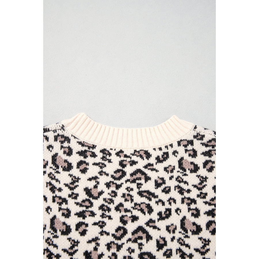 Beige Leopard Print Ribbed Color Block Trim Pullover Sweater Sweaters & Cardigans/Sweaters