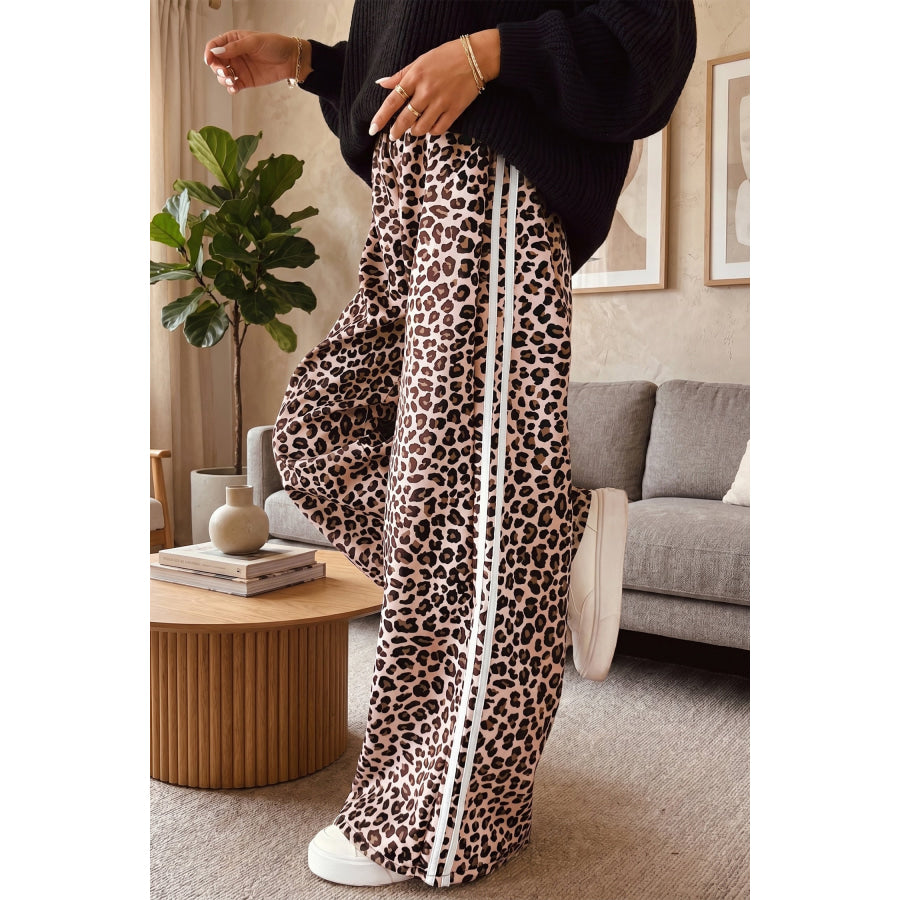 Beige Leopard Print Side Striped Detail Casual Wide Leg Pants Bottoms/Pants & Culotte