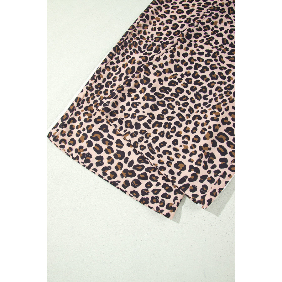 Beige Leopard Print Side Striped Detail Casual Wide Leg Pants Bottoms/Pants & Culotte