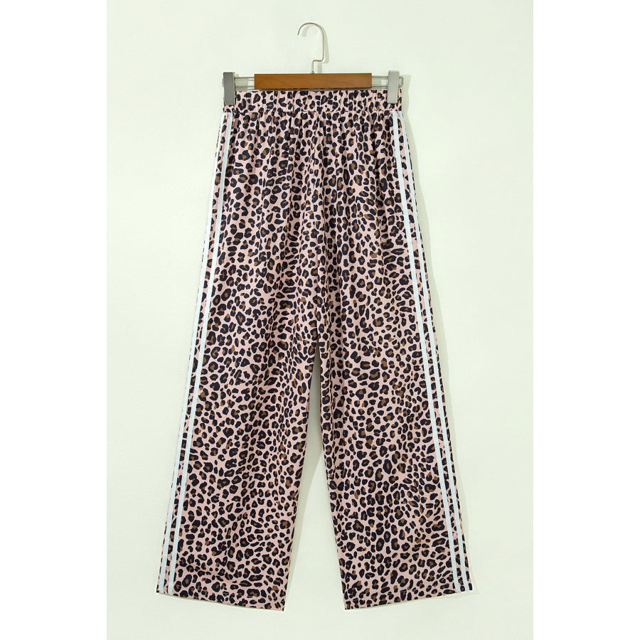 Beige Leopard Print Side Striped Detail Casual Wide Leg Pants Bottoms/Pants & Culotte