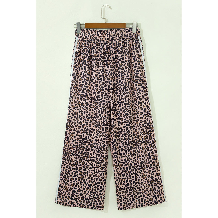 Beige Leopard Print Side Striped Detail Casual Wide Leg Pants Bottoms/Pants & Culotte