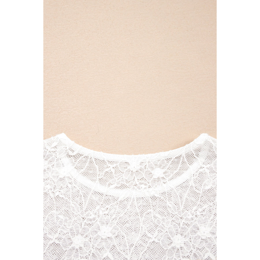 Beige Long Sleeve Sheer Mesh Lace Top Tops/Long Tops