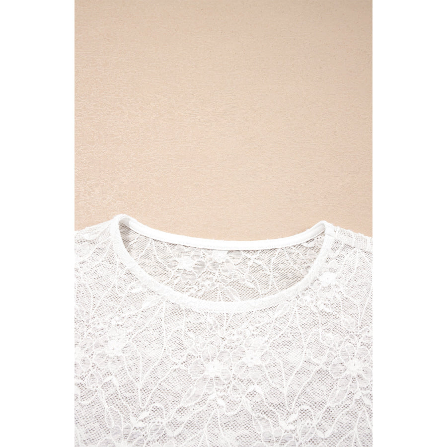 Beige Long Sleeve Sheer Mesh Lace Top Tops/Long Tops