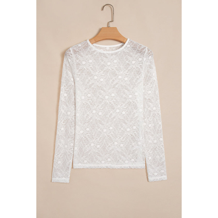 Beige Long Sleeve Sheer Mesh Lace Top Tops/Long Tops