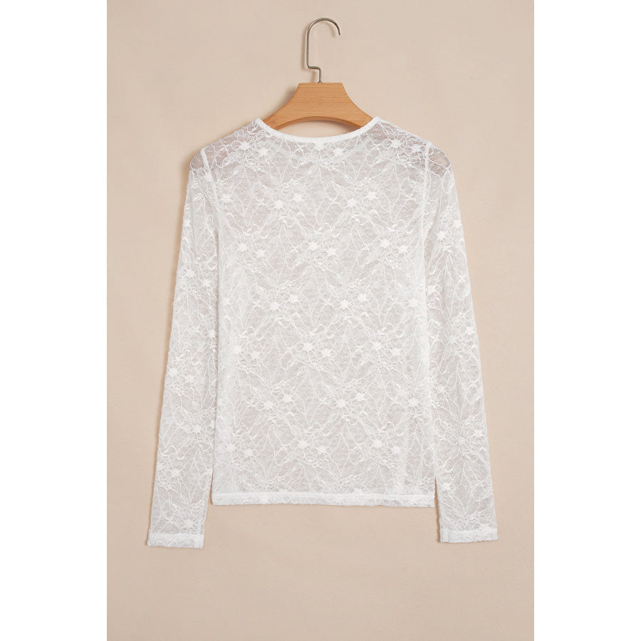 Beige Long Sleeve Sheer Mesh Lace Top Tops/Long Tops