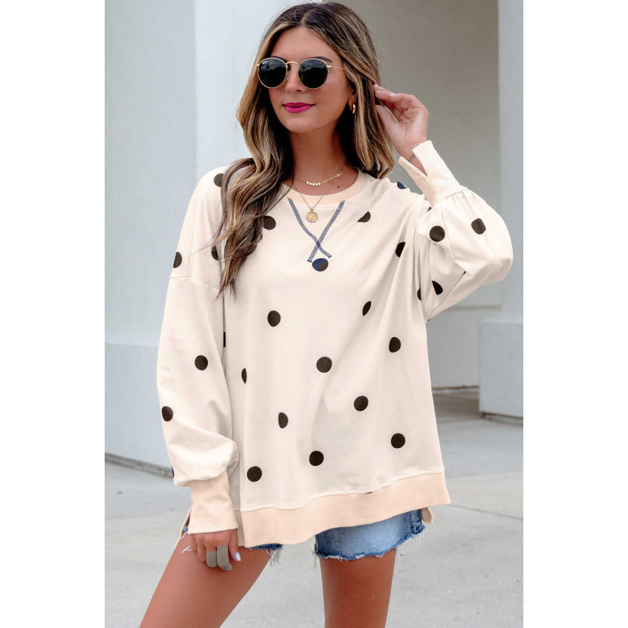 Beige Loose-fit Long Sleeve Round Neck Polka Dot Tunic Sweatshirt Beige / S / 95% Polyester + 5% Elastane Tops/Long Sleeve Tops