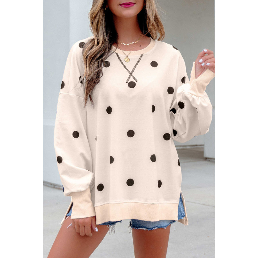Beige Loose-fit Long Sleeve Round Neck Polka Dot Tunic Sweatshirt Tops/Long Sleeve Tops