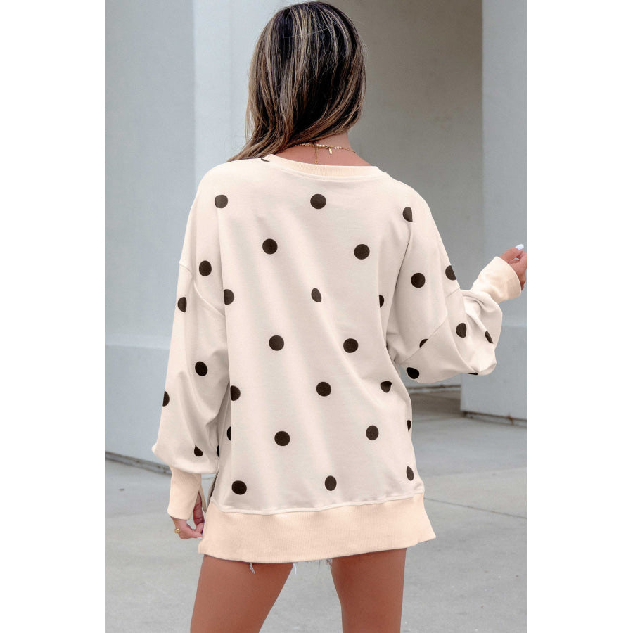Beige Loose-fit Long Sleeve Round Neck Polka Dot Tunic Sweatshirt Tops/Long Sleeve Tops