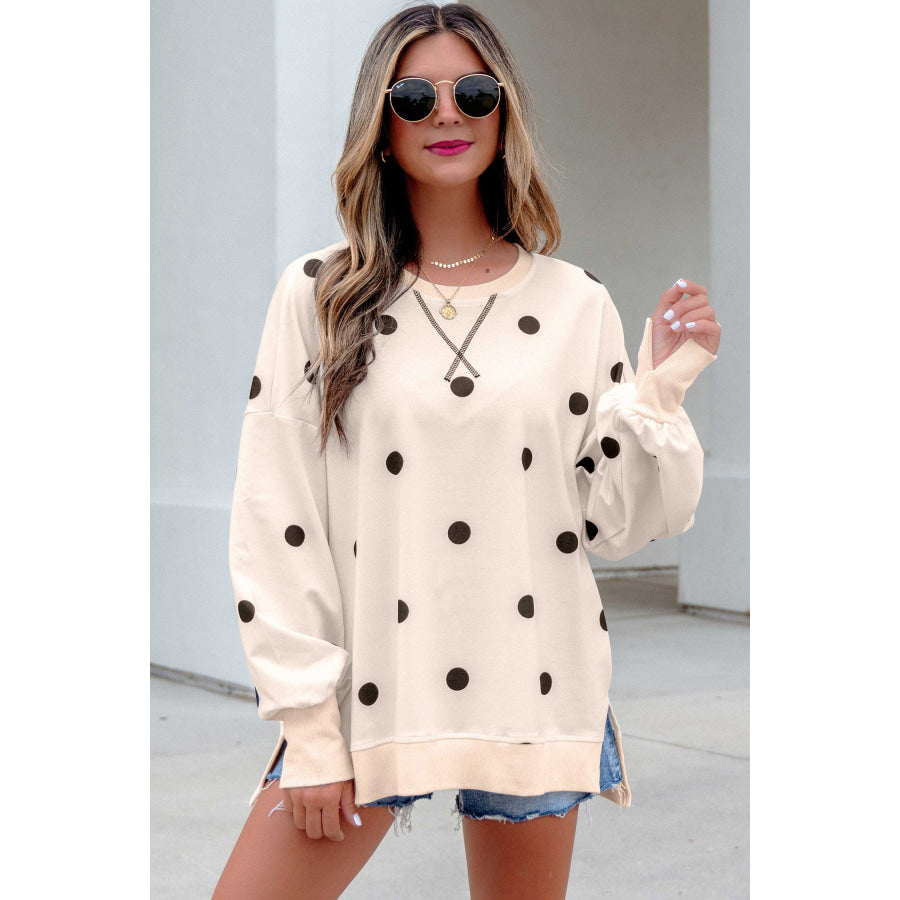 Beige Loose-fit Long Sleeve Round Neck Polka Dot Tunic Sweatshirt Tops/Long Sleeve Tops