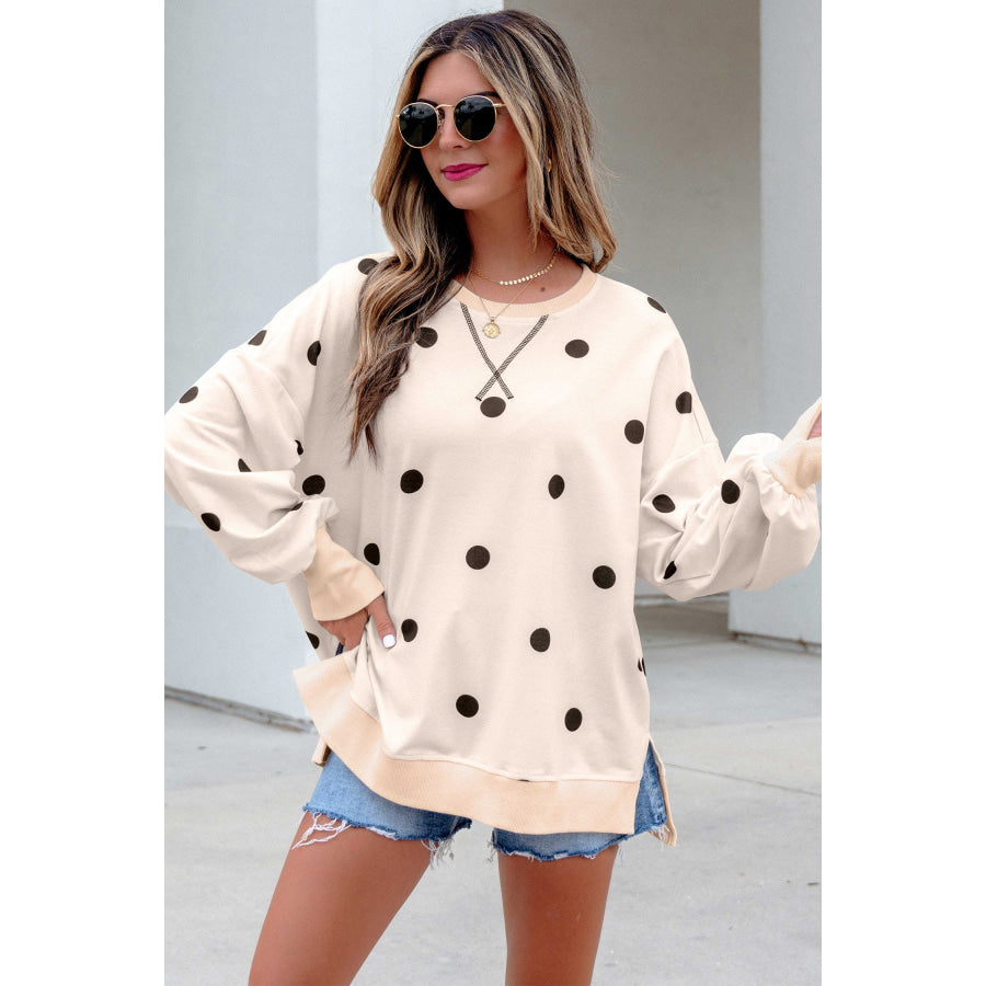 Beige Loose-fit Long Sleeve Round Neck Polka Dot Tunic Sweatshirt Tops/Long Sleeve Tops