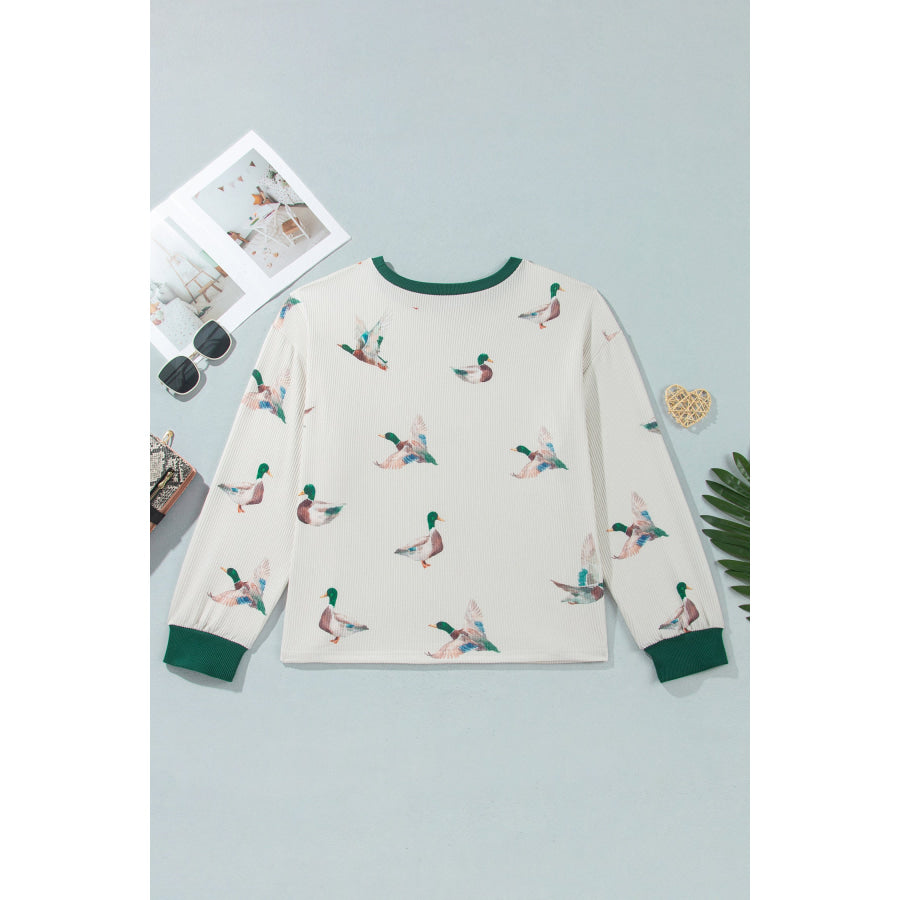 Beige Mallard Duck Print Plus Size Twisted Ribbed Top Size/Plus Tops/Plus Long Sleeve Tops