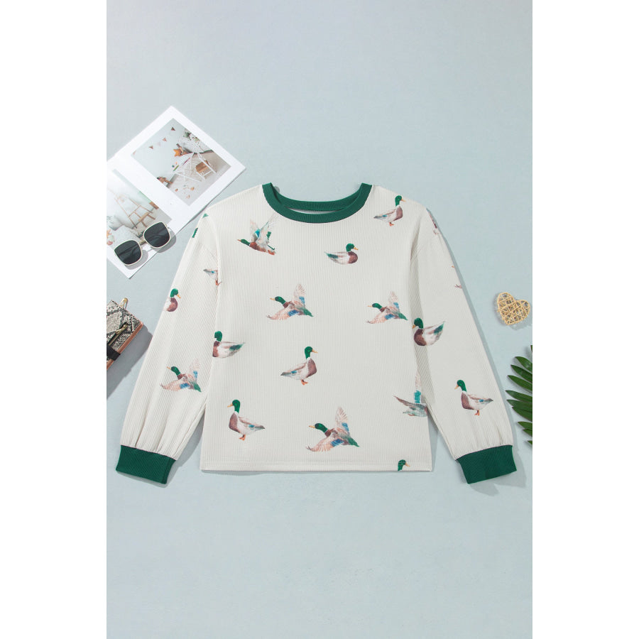 Beige Mallard Duck Print Plus Size Twisted Ribbed Top Size/Plus Tops/Plus Long Sleeve Tops