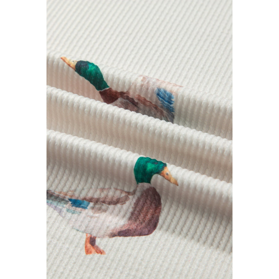 Beige Mallard Duck Print Plus Size Twisted Ribbed Top Size/Plus Tops/Plus Long Sleeve Tops
