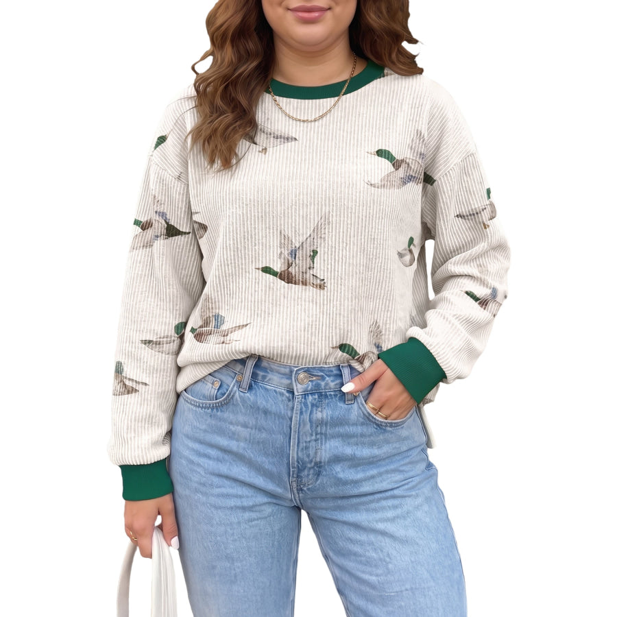 Beige Mallard Duck Print Plus Size Twisted Ribbed Top Size/Plus Tops/Plus Long Sleeve Tops