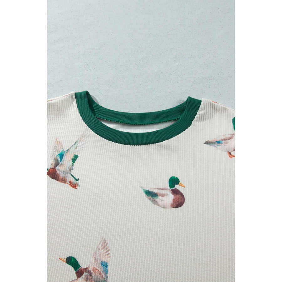 Beige Mallard Duck Print Plus Size Twisted Ribbed Top Size/Plus Tops/Plus Long Sleeve Tops