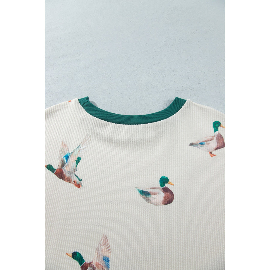 Beige Mallard Duck Print Plus Size Twisted Ribbed Top Size/Plus Tops/Plus Long Sleeve Tops