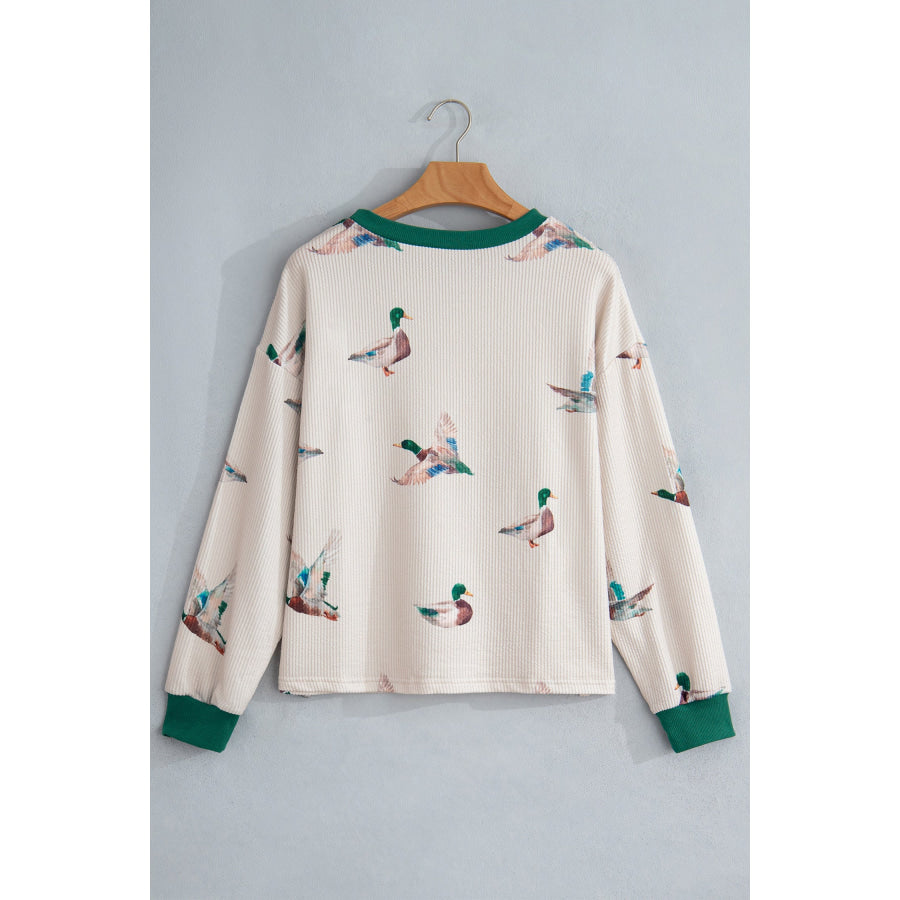 Beige Mallard Duck Print Plus Size Twisted Ribbed Top Size/Plus Tops/Plus Long Sleeve Tops