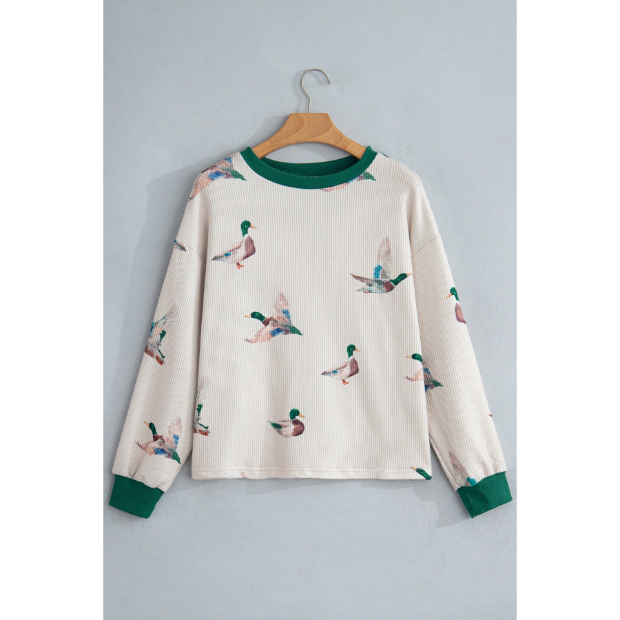 Beige Mallard Duck Print Plus Size Twisted Ribbed Top Size/Plus Tops/Plus Long Sleeve Tops