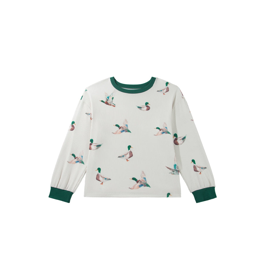 Beige Mallard Duck Print Plus Size Twisted Ribbed Top Size/Plus Tops/Plus Long Sleeve Tops