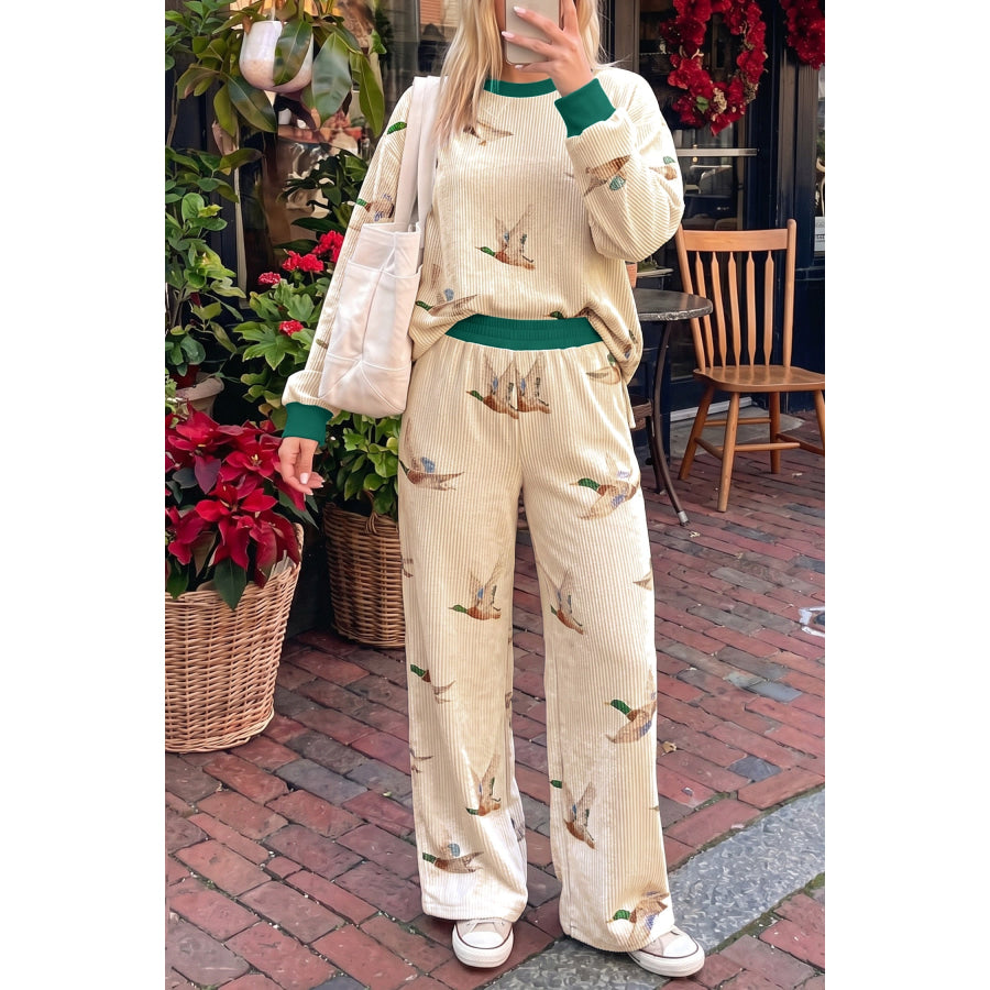 Beige Mallard Duck Print Twisted Rib Long Sleeve Two Piece Pants Sets / S Sets/Pant