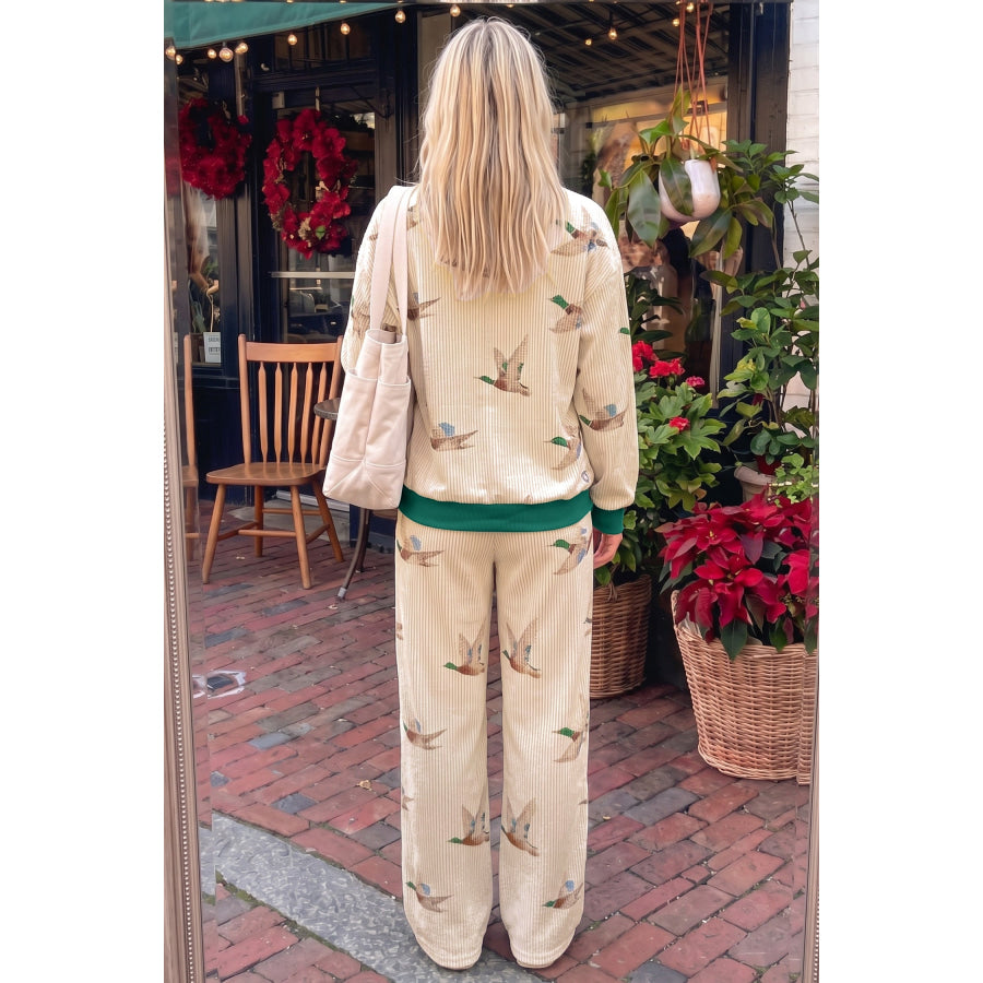 Beige Mallard Duck Print Twisted Rib Long Sleeve Two Piece Pants Sets Sets/Pant