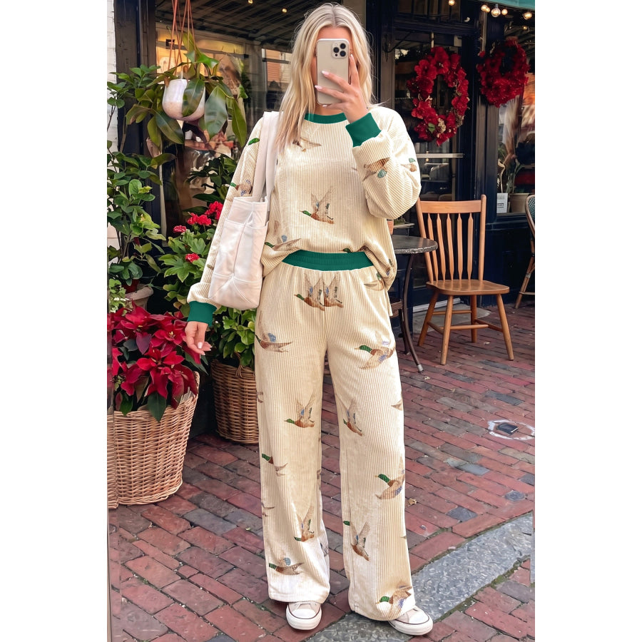 Beige Mallard Duck Print Twisted Rib Long Sleeve Two Piece Pants Sets Sets/Pant
