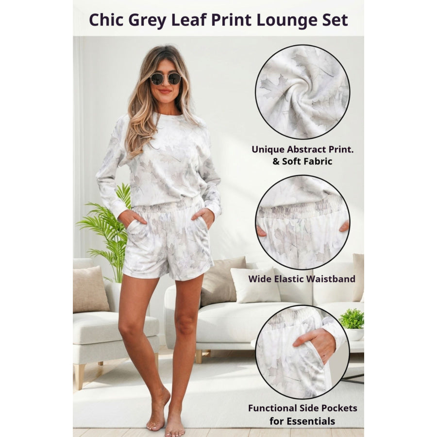 Beige Maple Camo Print Pullover Top and Elastic Waist Casual Short Set Two Piece Sets/Short Sets
