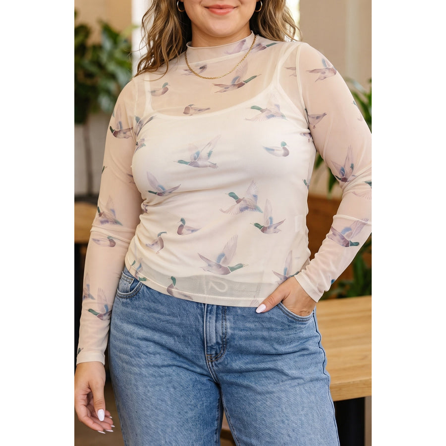 Beige Mesh Duck Print Tunic Long Sleeve Plus Size Blouse Beige / 1X Plus Size/Plus Size Tops/Plus Size Blouses & Shirts