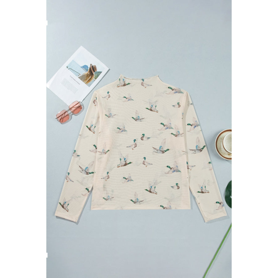 Beige Mesh Duck Print Tunic Long Sleeve Plus Size Blouse Plus Size/Plus Size Tops/Plus Size Blouses & Shirts