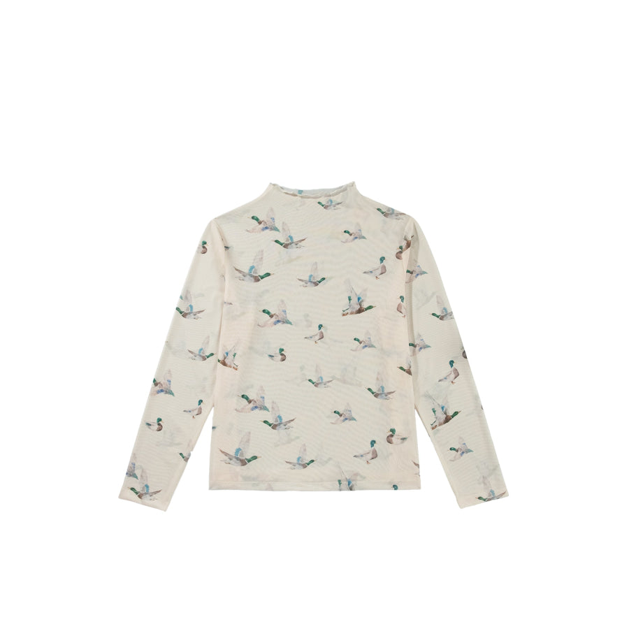 Beige Mesh Duck Print Tunic Long Sleeve Plus Size Blouse Plus Size/Plus Size Tops/Plus Size Blouses & Shirts