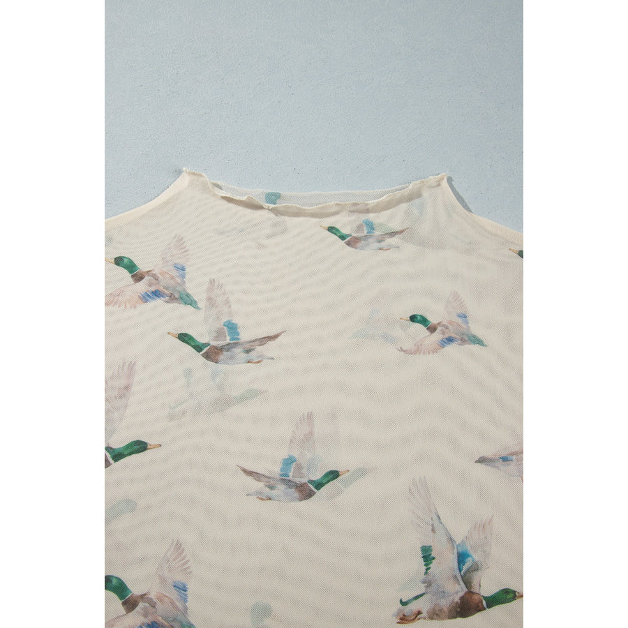 Beige Mesh Duck Print Tunic Long Sleeve Plus Size Blouse Plus Size/Plus Size Tops/Plus Size Blouses & Shirts