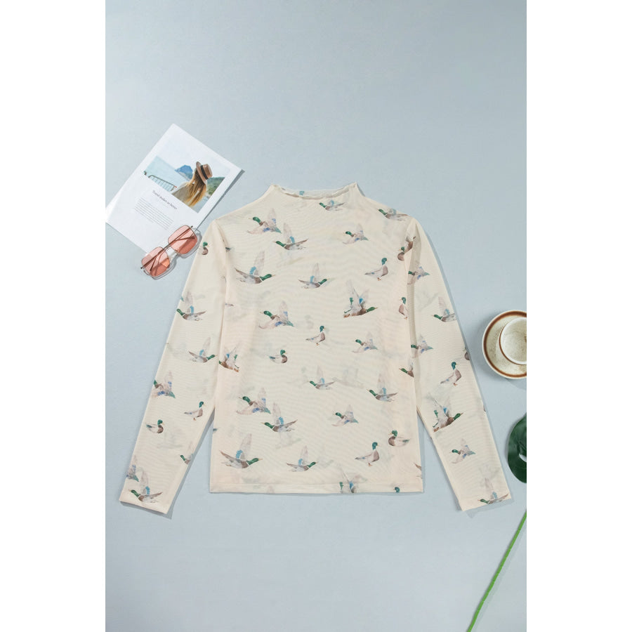 Beige Mesh Duck Print Tunic Long Sleeve Plus Size Blouse Plus Size/Plus Size Tops/Plus Size Blouses & Shirts